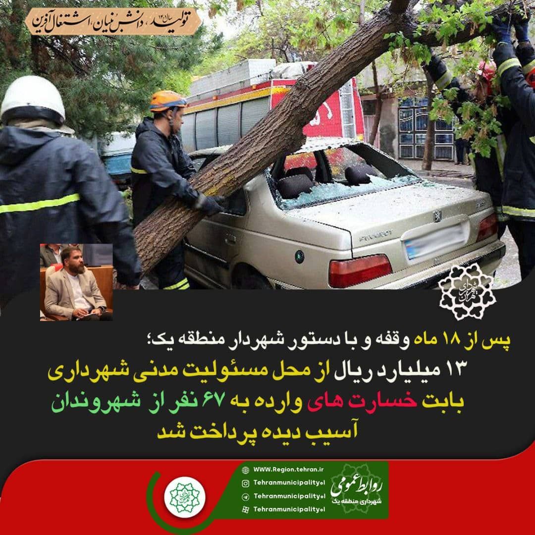 ۱۳ میلیارد ریال خسارت سقوط درختان، به شهروندان منطقه یک پرداخت شد   